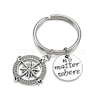 Fashion Vintage Alloy Keychain, Compass and Flat Round with Word, Antique Silver & Platinum, 60mm, Pendants: 29.5x25x2.5mm and 19.5x1.5mm, Key Rings: 32x3mm(KEYC-TA0005-06)