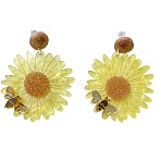 Flower with Bees Acrylic Dangle Stud Earrings, Golden, Champagne Yellow, 59x44mm(FS-WG9FE34-02)