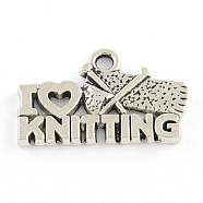 Tibetan Style Phrase I Love Knitting Alloy Charms, Cadmium Free & Lead Free, Antique Silver, 13x20x2mm, Hole: 2mm, about 757pcs/1000g(TIBEP-Q054-01AS-RS)