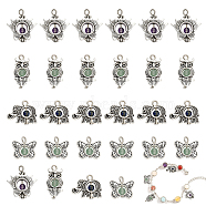 64Pcs 4 Styles Natural Mixed Stone Pendants, with Antique Silver Tone Alloy Findings, Owl & Elephant & Flower & Butterfly, 14~23x11.5~19.5x4.5mm, Hole: 1.7~4.2mm, 16pcs/style(FIND-CA0006-48)