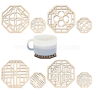 SUPERFINDINGS 8Pcs 4 Style Octagon Wooden Carved Cup Mats, Coaster Heat Resistant Pot Mats, for Home Kitchen, Antique White, 79~145x79~145x4~4.5mm, 2pcs/style(WOOD-FH0001-97)