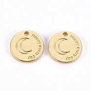 Rack Plating Alloy Charms, Cadmium Free & Lead Free, Flat Round with Moon and Star, Carved Word Happy Every Day, Light Gold, 14x1.5mm, Hole: 1.6mm(PALLOY-N155-81-RS)