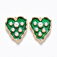 Brass Enamel Pendants, with ABS Plastic Imitation Pearl, Nickel Free, Heart, Real 18K Gold Plated, Green, 17x13.5x4mm, Hole: 1mm(X-KK-T049-054G-02-NF)