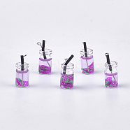 Glass Bottle Pendants, with Resin, Plastic and Iron Findings, Fruit Tea Charms, Platinum, Medium Orchid, 25~28x10mm, Hole: 1.8mm(CRES-N017-06G)