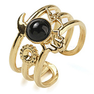 Natural Black Onyx Finger Rings, Hamsa Hand 304 Stainless Steel Multi-layer Open Cuff Rings, Real 18K Gold Plated, 15mm, Adjustable(RJEW-U027-07G-08)