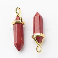 Natural Red Jasper Double Terminated Pointed Pendants, with Random Alloy Pendant Hexagon Bead Cap Bails, Golden, Bullet, 37~40x12.5x10mm, Hole: 3x4.5mm(G-G902-B11)