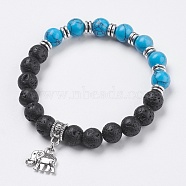 Natural Lava Rock Beads Charm Bracelets, with Synthetic Turquoise and Alloy Findings, Elephant, Antique Silver, 2 inch(5cm), Findings: 11.5x13.5x3mm(BJEW-O161-23)
