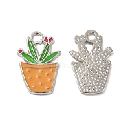 Alloy Enamel Pendants, Potted Plant Charm, Platinum, Orange, 22x14.5x1.5mm, Hole: 2.5mm(ENAM-G211-01P-02)