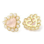 Natural Rose Quartz Heart Stud Earrings with Plastic Pearl Beaded, Real 14K Gold Plated Brass Jewelry, 16.5x17.5mm(EJEW-E599-02G-03)