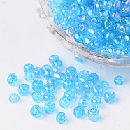 6/0 Transparent Rainbow Colours Round Glass Seed Beads, Dark Turquoise, Size: about 4mm in diameter, hole: 1.5mm, about 495pcs/50g(X-SEED-A007-4mm-163B)