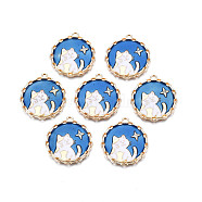 Alloy Enamel Pendants, with Crystal Rhinestone, Cadmium Free & Nickel Free & Lead Free, Light Gold, Flat Round with Cat & Star, Royal Blue, 26x23.5x2mm, Hole: 1.6mm(ENAM-N055-102B)