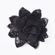 Lace Embroidery Costume Accessories, Applique Patch, Sewing Craft Decoration, with Sequins, Flower, Black, 70x7mm(DIY-E016-01A)