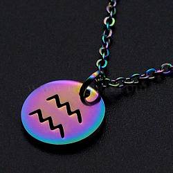 201 Stainless Steel Pendants Necklaces, with Cable Chains and Lobster Claw Clasps, Flat Round with Constellation/Zodiac Sign, Rainbow Color, Aquarius, 15-3/4 inch(40cm), 1.5mm(NJEW-S105-JN627-11)