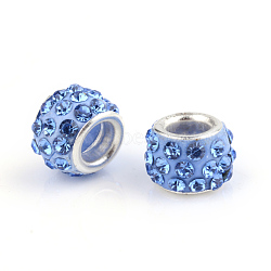 Polymer Clay Rhinestone European Beads, Large Hole Beads, Rondelle, with Silver Color Plated Brass Cores, Light Sapphire, 10~12x7~8mm, Hole: 5mm(X-CPDL-T001-22)