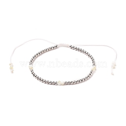 Adjustable Nylon Cord Braided Bead Bracelets, with Glass Seed Beads and Round Brass Beads, White, Platinum, Inner Diameter: 2-1/4~ 4-1/8 inch (5.6~10.5cm)(BJEW-JB05734-03)
