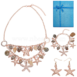 Elite 1 Set Iron Starfish & Natural Shell & Plastic Pearl Charm Bracelet & Dangle Earrings & Bib Necklaces Set, Ocean Theme Jewelry Set for Women, Rose Gold, 530mm, 202mm, 51.5x27.5mm(SJEW-PH0001-15)