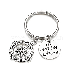 Fashion Vintage Alloy Keychain, Compass and Flat Round with Word, Antique Silver & Platinum, 60mm, Pendants: 29.5x25x2.5mm and 19.5x1.5mm, Key Rings: 32x3mm(KEYC-TA0005-06)