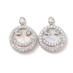 Brass Pendants Pave Shell, with Clear Cubic Zirconia, Round with Smiling Face, Platinum, 18x16x3mm(KK-L208-77P)