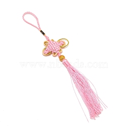 Chinese Knots Polyester Tassel Pendant Decorations, with Plastic Bead, Pink, 270~590x52~57.5x11.5mm(HJEW-WH0011-80B)