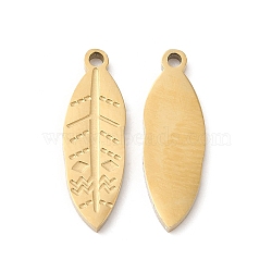 Ion Plating(IP) 316L Surgical Stainless Steel Pendants, Leaf Charm, Textured, Real 18K Gold Plated, 16x5x1mm, Hole: 1mm(STAS-H213-63G)