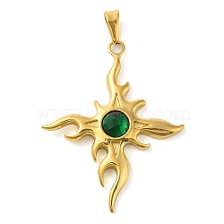 304 Stainless Steel Big Pendants, with Acrylic Rhinestone, Cross with Sun Charm, Golden, Dark Green, 55.5x46x6.5mm, Hole: 10x4.5mm(STAS-R229-02A-G)