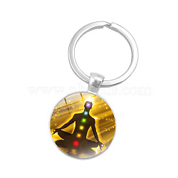 Seven Chakras Yoga Theme Glass Half Round/Dome Pendant Keychain, with Alloy Key Rings, for Car Bag Pendant Accessories, Colorful, 5.7cm(WG14972-04)