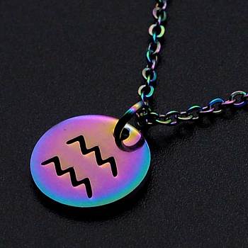 201 Stainless Steel Pendants Necklaces, with Cable Chains and Lobster Claw Clasps, Flat Round with Constellation/Zodiac Sign, Rainbow Color, Aquarius, 15-3/4 inch(40cm), 1.5mm