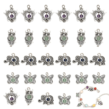 64Pcs 4 Styles Natural Mixed Stone Pendants, with Antique Silver Tone Alloy Findings, Owl & Elephant & Flower & Butterfly, 14~23x11.5~19.5x4.5mm, Hole: 1.7~4.2mm, 16pcs/style