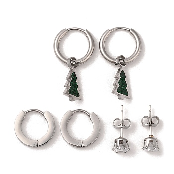 3 Pairs 3 Styles Christmas 304 Stainless Steel Hoop & Studs Earrings Set for Women, with Rhinestone & Cubic Zirconia, Stainless Steel Color, Christmas Tree, 13~26x2~8.5mm, 1 pair/style
