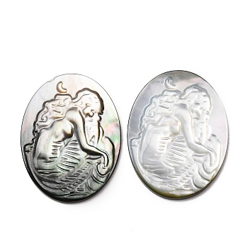 Natural Black Lip Shell Carved Cabochons, Oval with Cameo Mermaid Pattern, Black, 30x23x2.5mm