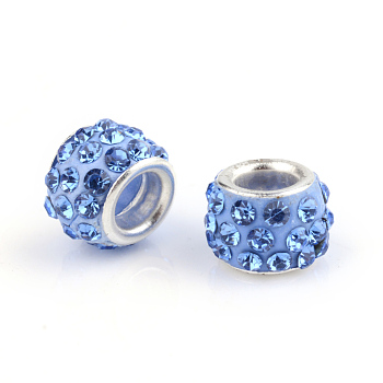 Polymer Clay Rhinestone European Beads, Large Hole Beads, Rondelle, with Silver Color Plated Brass Cores, Light Sapphire, 10~12x7~8mm, Hole: 5mm