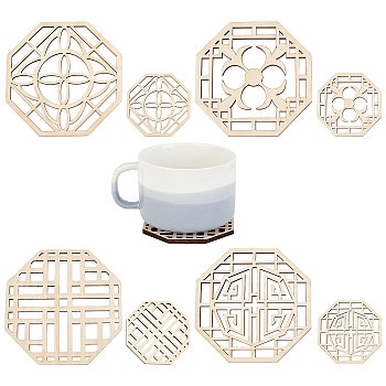 SUPERFINDINGS 8Pcs 4 Style Octagon Wooden Carved Cup Mats, Coaster Heat Resistant Pot Mats, for Home Kitchen, Antique White, 79~145x79~145x4~4.5mm, 2pcs/style