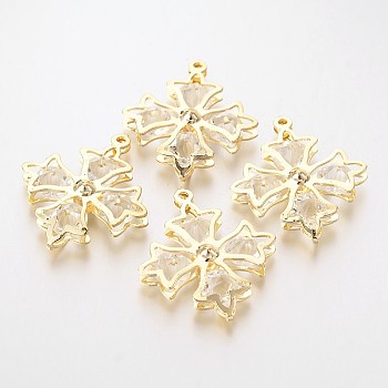 Flower Iron Glass Pendants, Golden, 32x28x5mm, Hole: 1mm