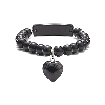 Natural Obsidian Beaded Bracelets, Heart Shape Pendant Bracelet, for Women, 3/8 inch(0.85cm), Inner Diameter: 2-1/8 inch(5.5cm)