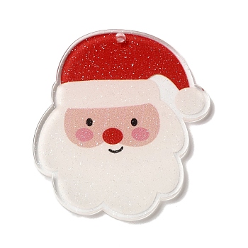 Printed Christmas Theme Acrylic Pendants, Santa Claus, 45x40x2mm, Hole: 1.6mm