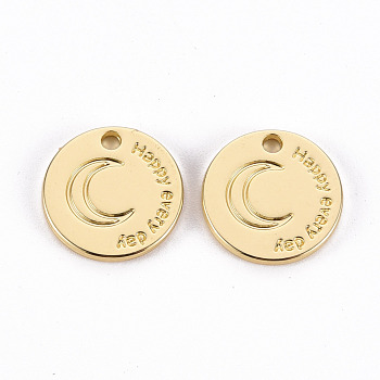Rack Plating Alloy Charms, Cadmium Free & Lead Free, Flat Round with Moon and Star, Carved Word Happy Every Day, Light Gold, 14x1.5mm, Hole: 1.6mm