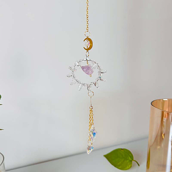 Ring Natural Quartz Crystal Chip Window Hanging Suncatchers, with Glass Teardrop Charms and Metal Moon Link, 400mm