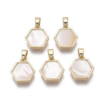 Brass Charms, with Freshwater Shell, Nickel Free, Real 18k Gold Plated, Hexagon, Seashell Color, 13x12.5x3mm, Hole: 2x4mm