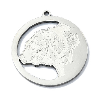 201 Stainless Steel Pendants, Laser Cut, Flat Round with Bear Charm, Stainless Steel Color, 27x25x1mm, Hole: 1.5mm