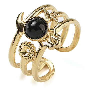 Natural Black Onyx Finger Rings, Hamsa Hand 304 Stainless Steel Multi-layer Open Cuff Rings, Real 18K Gold Plated, 15mm, Adjustable