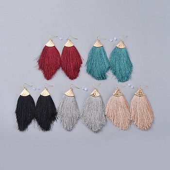 Polyester Tassel Dangle Earrings, with Brass Earring Hooks and Plastic Ear Nuts, Golden, Mixed Color, 114mm, Pin: 0.6mm