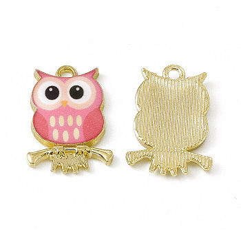 Painted Alloy Pendants, Owl Charm, Cadmium Free & Nickel Free & Lead Free, Golden, Light Coral, 21.5x15x2.3mm, Hole: 2mm