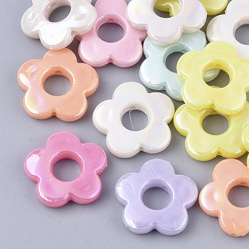 Opaque Acrylic Bead Frames, AB Color Plated, Flower, Mixed Color, 18x19x4mm, Hole: 1.5mm, Inner Diameter: 6mm, about 700pcs/500g