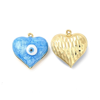Brass Enamel Pendants, Real 18K Gold Plated, Long-Lasting Plated, Heart with Evil Eye Pattern, Deep Sky Blue, 24x22x8mm, Hole: 1.2mm