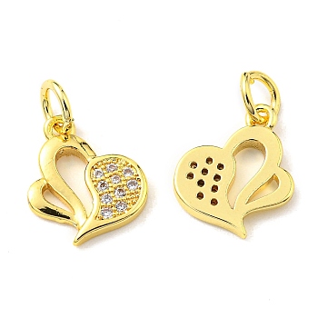 Rack Plating Brass Micro Pave Cubic Zirconia Charms, with Jump Ring, Heart, Real 18K Gold Plated, 12x10.5x1.6mm, Hole: 3.2mm