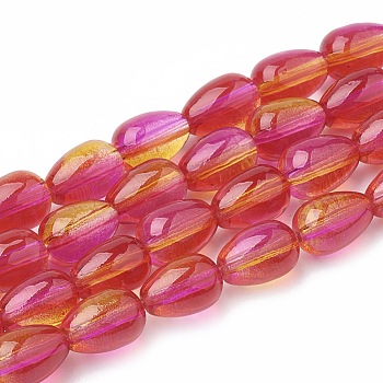 Baking Paint Glass Beads, Two Tone Color, teardrop, Hot Pink, 9x6.5mm, Hole: 1mm, about 86pcs/strand, 30.7 inch