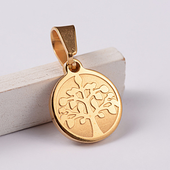 Flat Round with Tree 304 Stainless Steel Charms, Golden, 14x12x1.5mm, Hole: 4x7mm