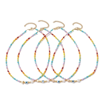 Bohemian Style Glass Beaded Necklaces, with Brass for Women, Mixed Color, 14.96~15.16 inch(38~38.5cm)