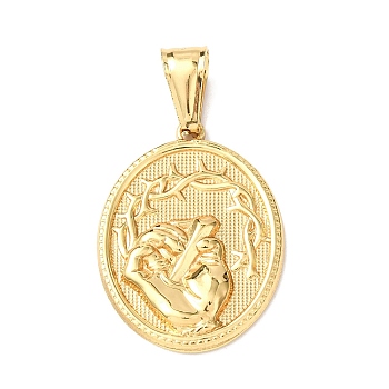 Easter 304 Stainless Steel Pendants, Oval with Crown of Thorns & Palm Charm, Ion Plating(IP), Real 18K Gold Plated, 36.5x27.5x4mm, Hole: 12x5mm
