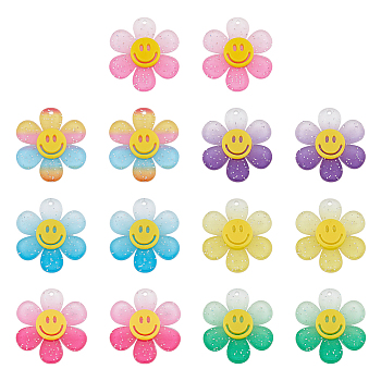 14Pcs 7 Colors Gradient Color Transparent Acrylic Pendants, with Sequins, Sunflower with Smiling Face Charm, Mixed Color, 30x27x4mm, Hole: 1.6mm, 2pcs/color